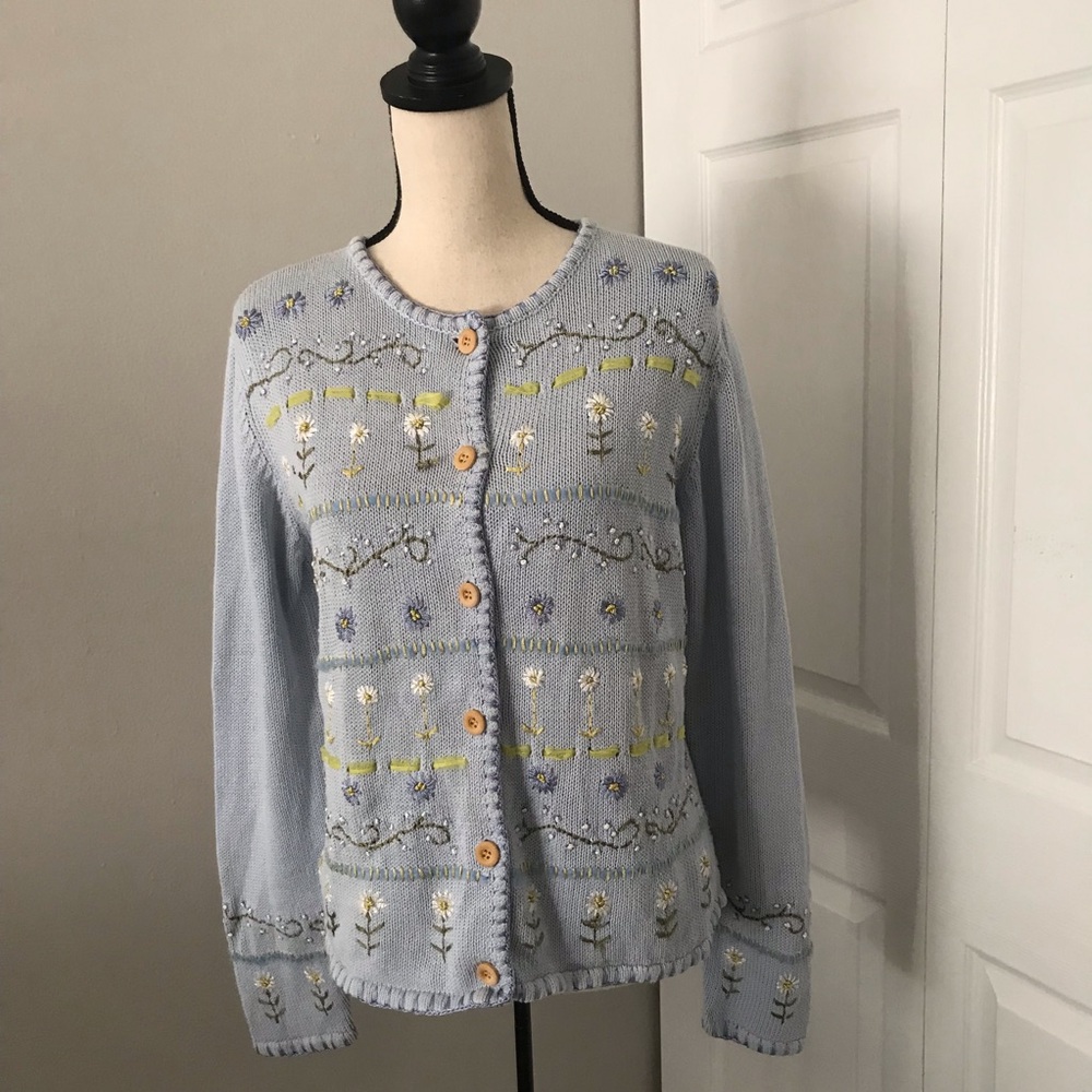 Vintage - Deane & White Embroidered Floral Knit Blue Cardigan | M